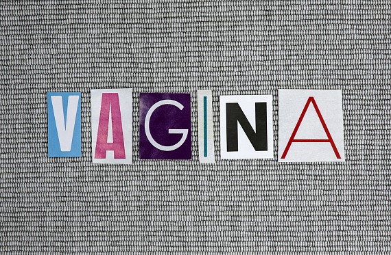 The word "vagina" is spelled in newspaper cuttings