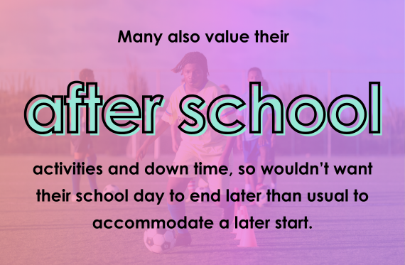 Many also value their after school activities and down time, so wouldn't want their school day to end later than usual to accommodate a later start.