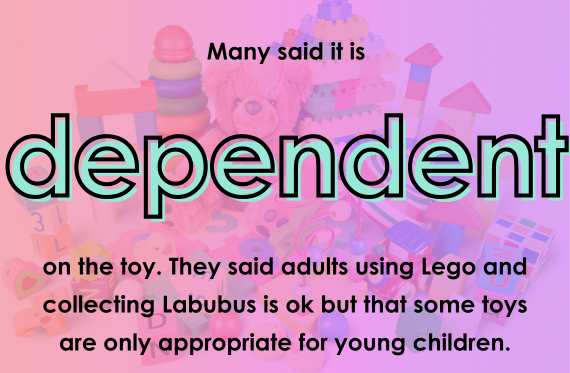 Many said it is dependent on the toy. They said adults using Lego and collecting Labubus is ok but that some toys are only appropriate for young children.