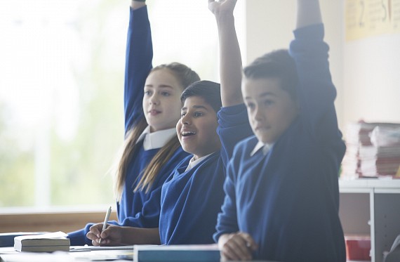 children with their hands up in class